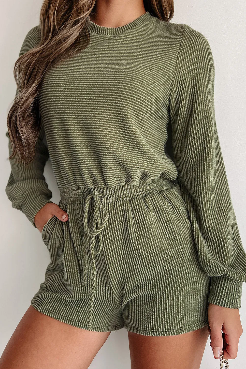 Ribbed Long Sleeve Romper w/Pockets