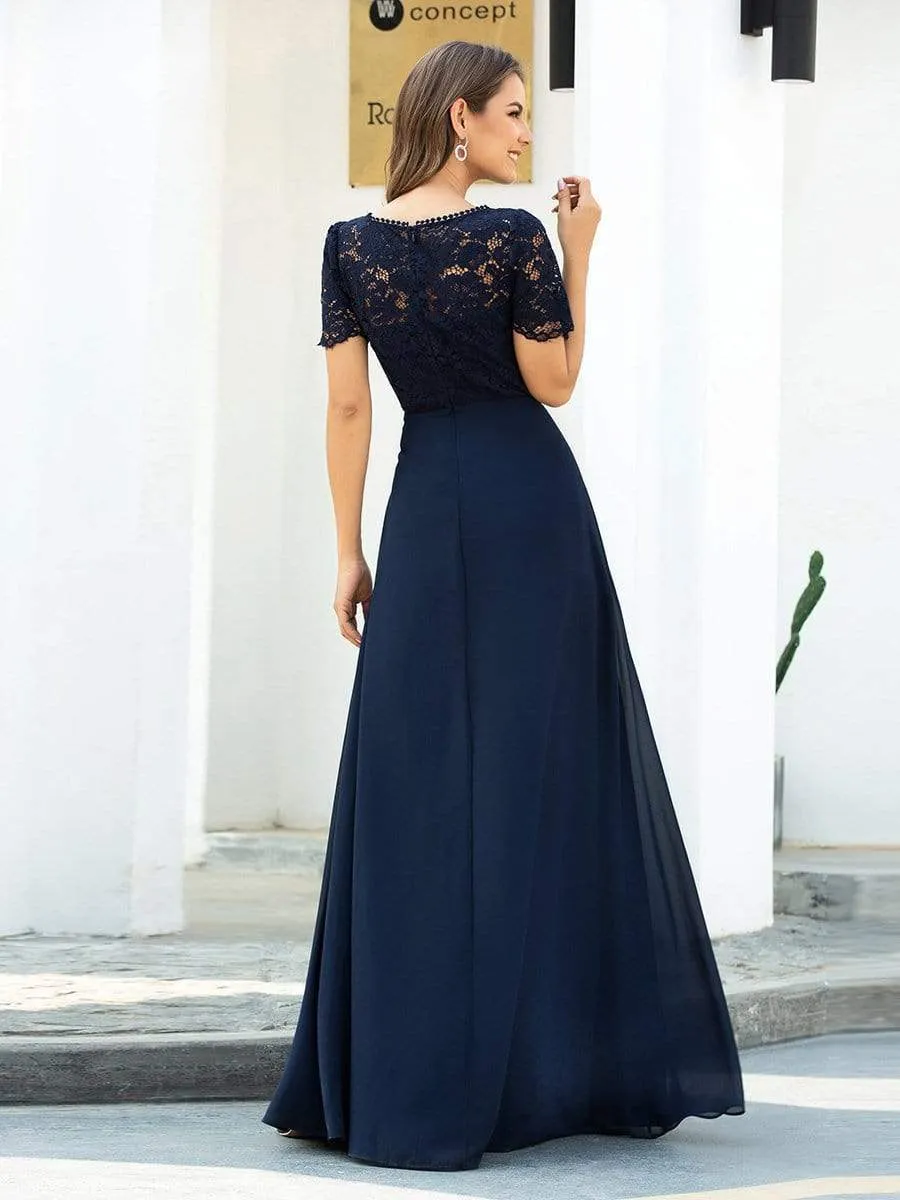 Round Neck See-though Floral Lace and Chiffon Evening Dresses