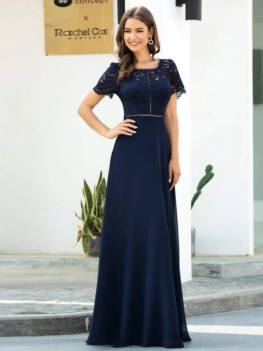 Round Neck See-though Floral Lace and Chiffon Evening Dresses