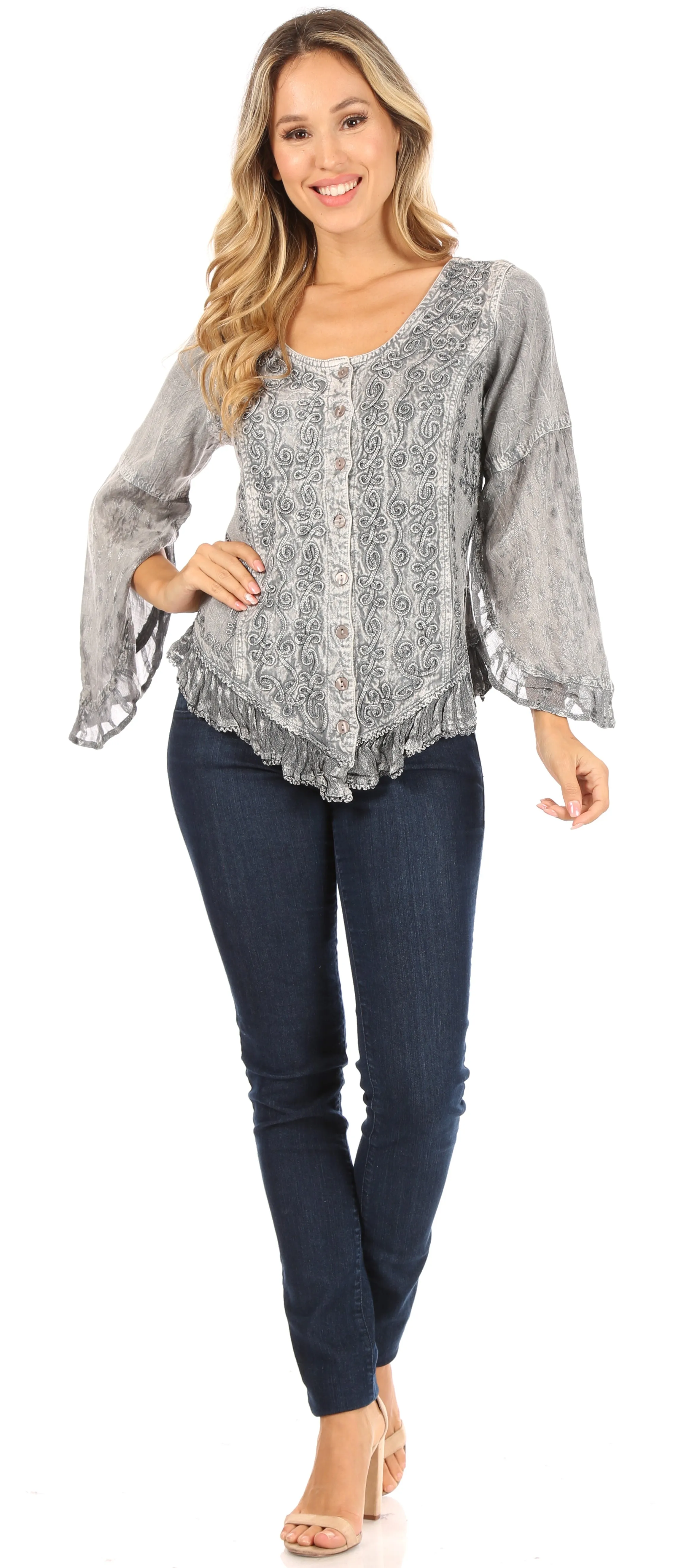 Sakkas Aura Womens Casual Ruffle Flare Crop Top Blouse Long Sleeves w/Embroidery