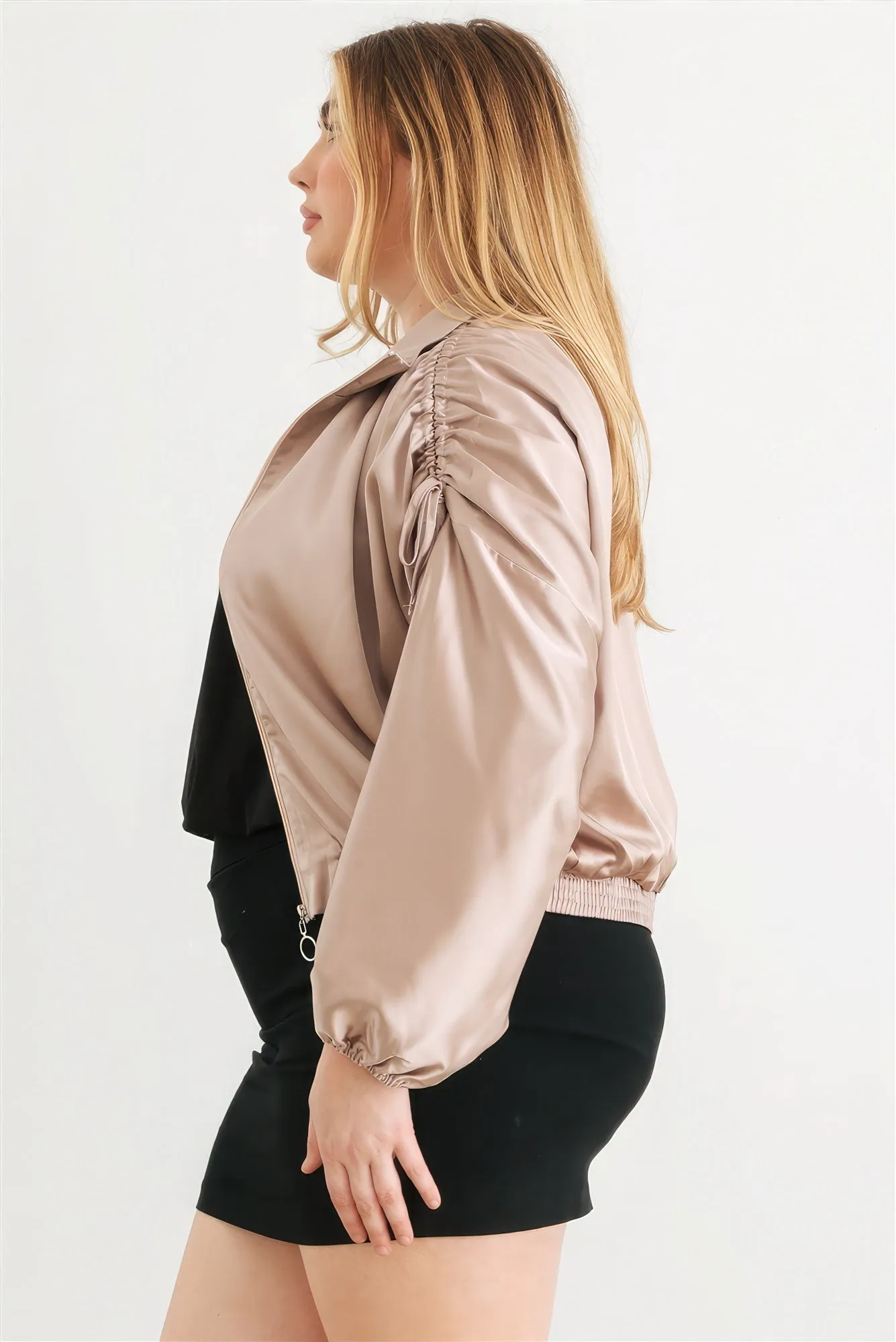 Satin Zip-up Ruched Cropped Bomber Jacket