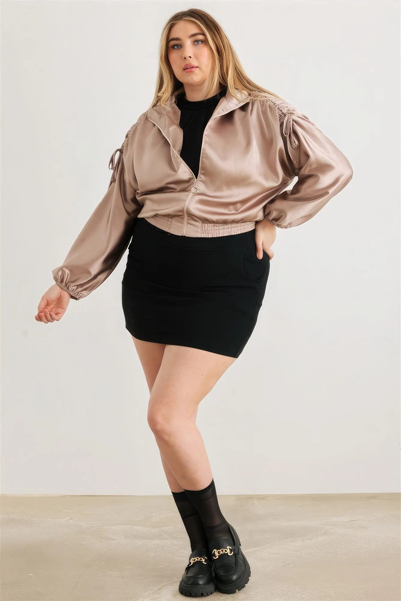 Satin Zip-up Ruched Cropped Bomber Jacket