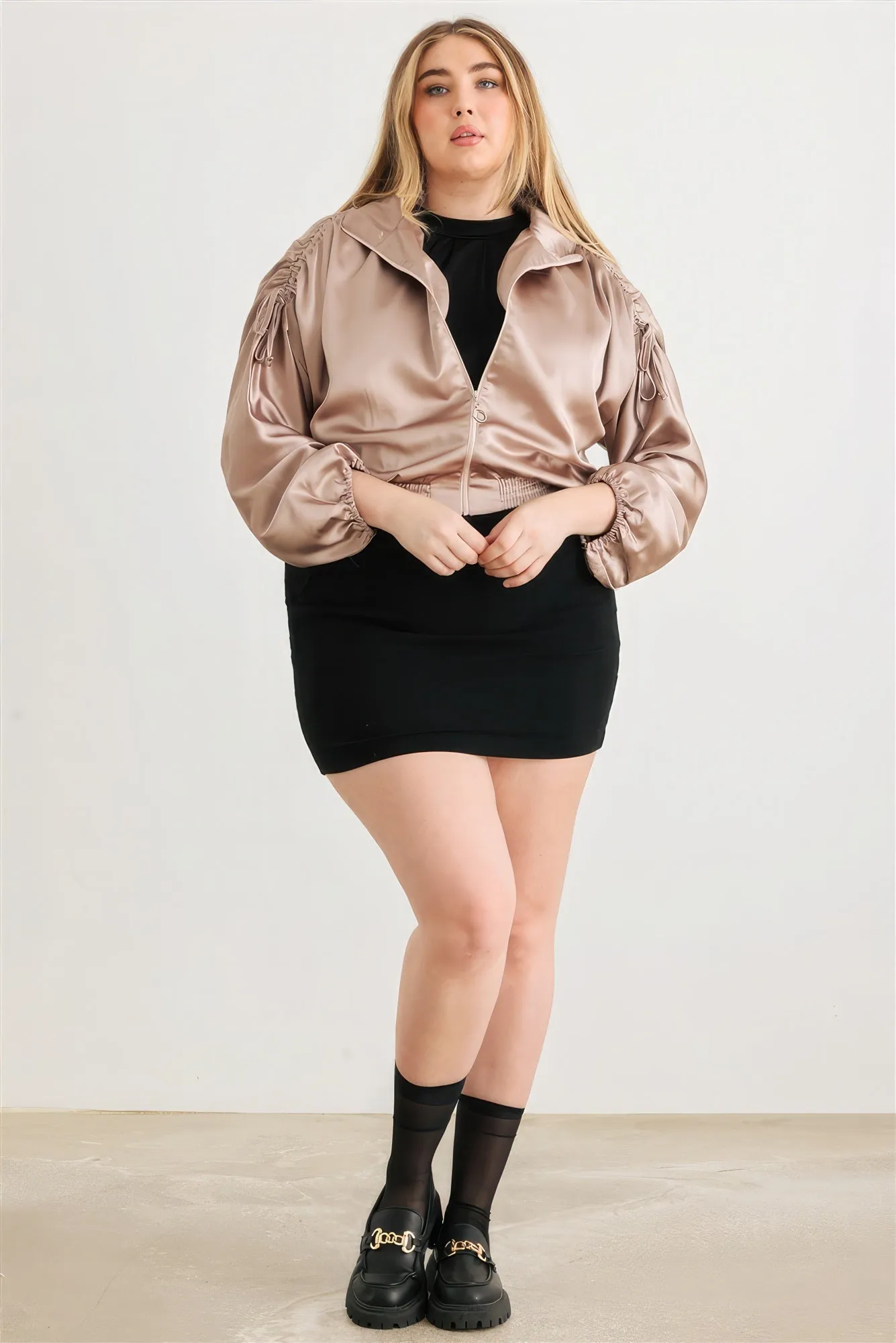 Satin Zip-up Ruched Cropped Bomber Jacket