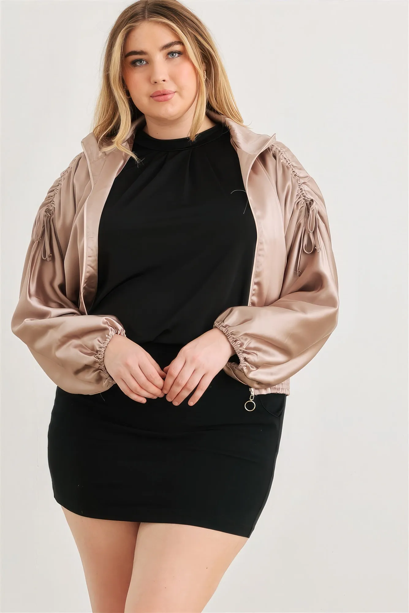 Satin Zip-up Ruched Cropped Bomber Jacket