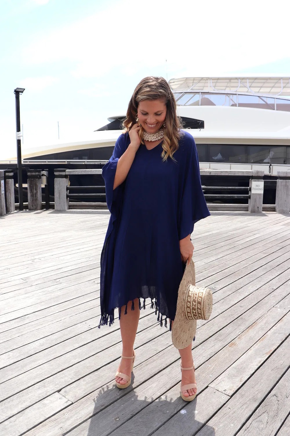 Short Kaftan With Tassels In Navy