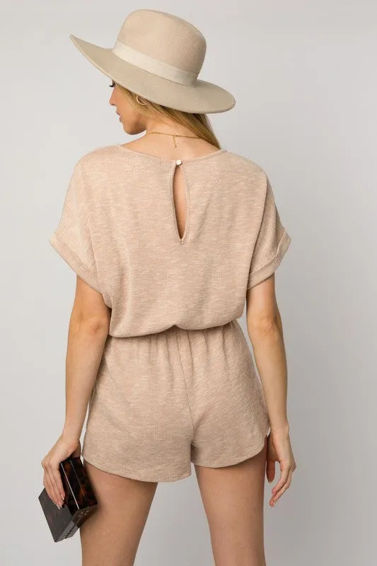 Short Roll-Up Sleeve Elastic Waist Romper