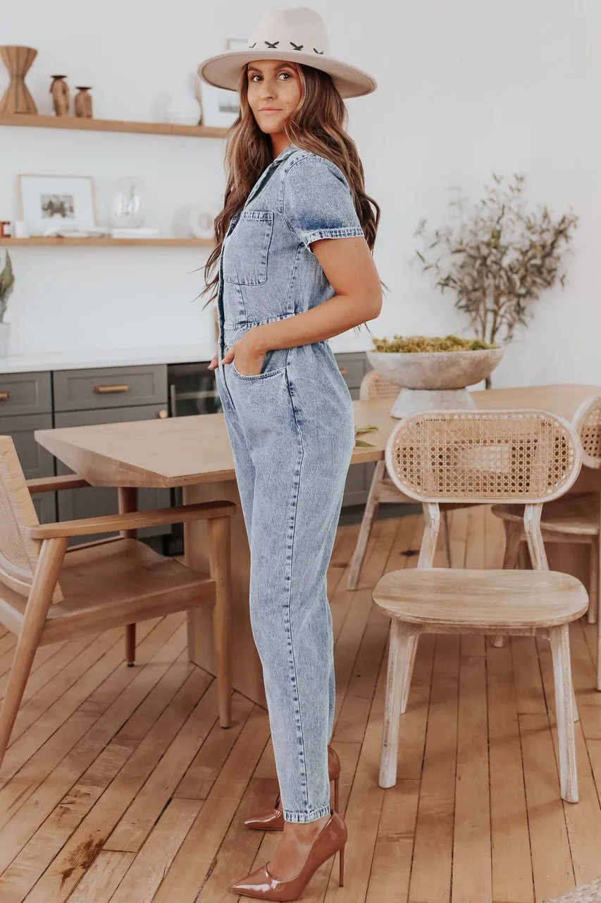 Short Sleeve Medium Wash Jean Jumpsuit - FINAL SALE