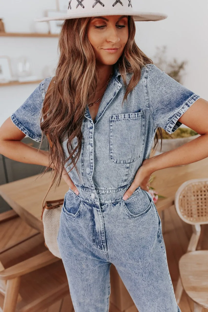 Short Sleeve Medium Wash Jean Jumpsuit - FINAL SALE