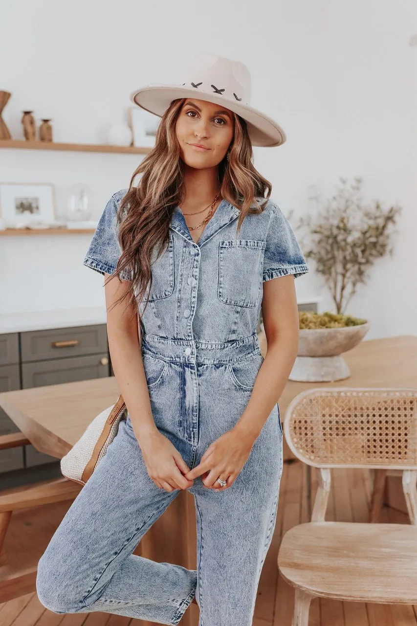 Short Sleeve Medium Wash Jean Jumpsuit - FINAL SALE