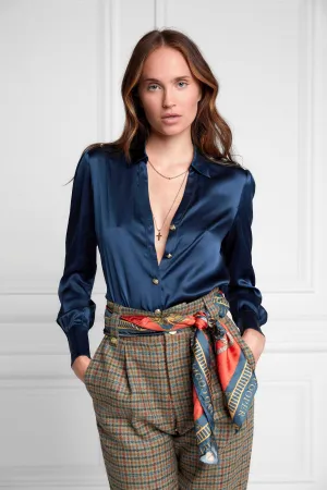 Silk V-Neck Blouse (Petrol Blue)