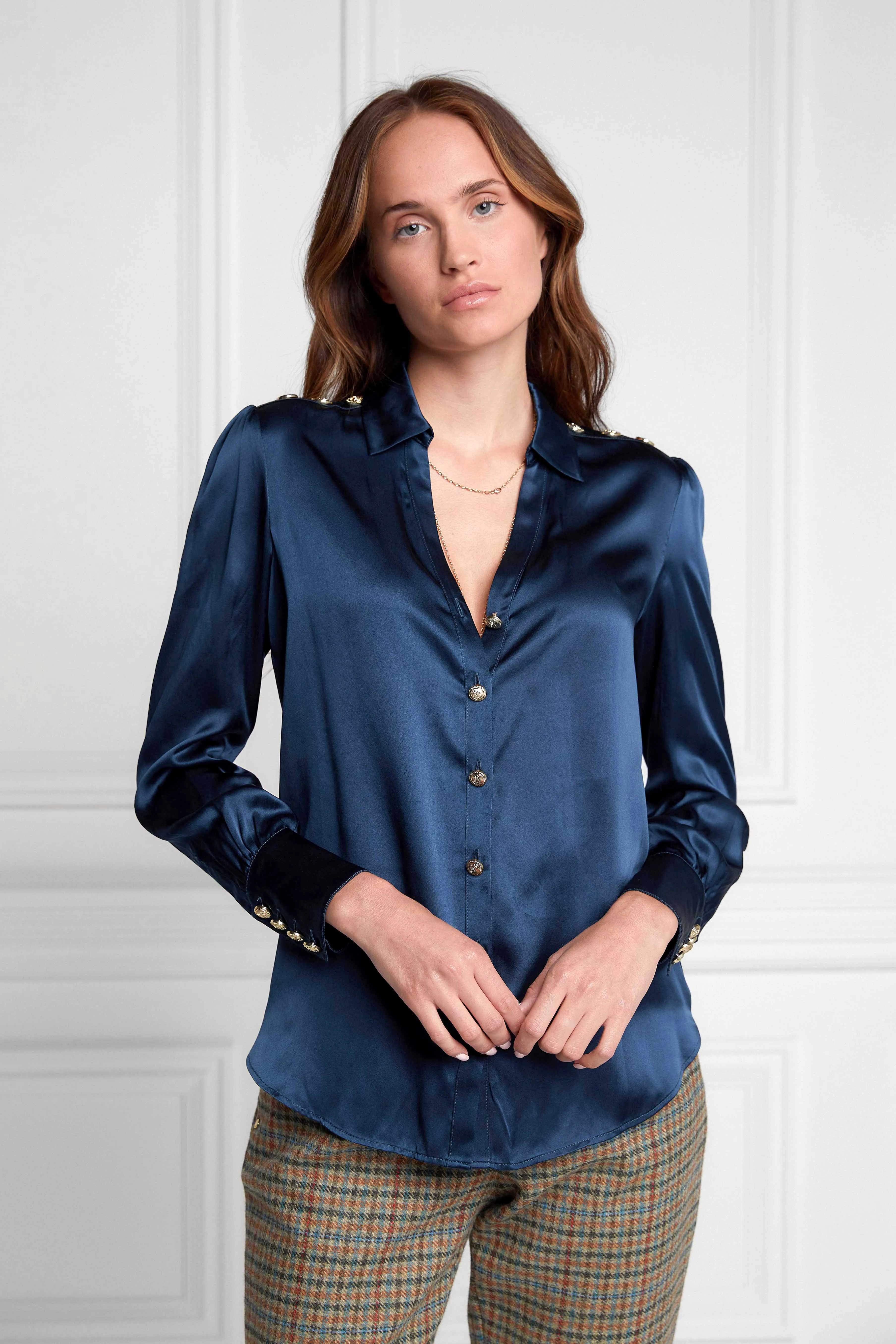 Silk V-Neck Blouse (Petrol Blue)