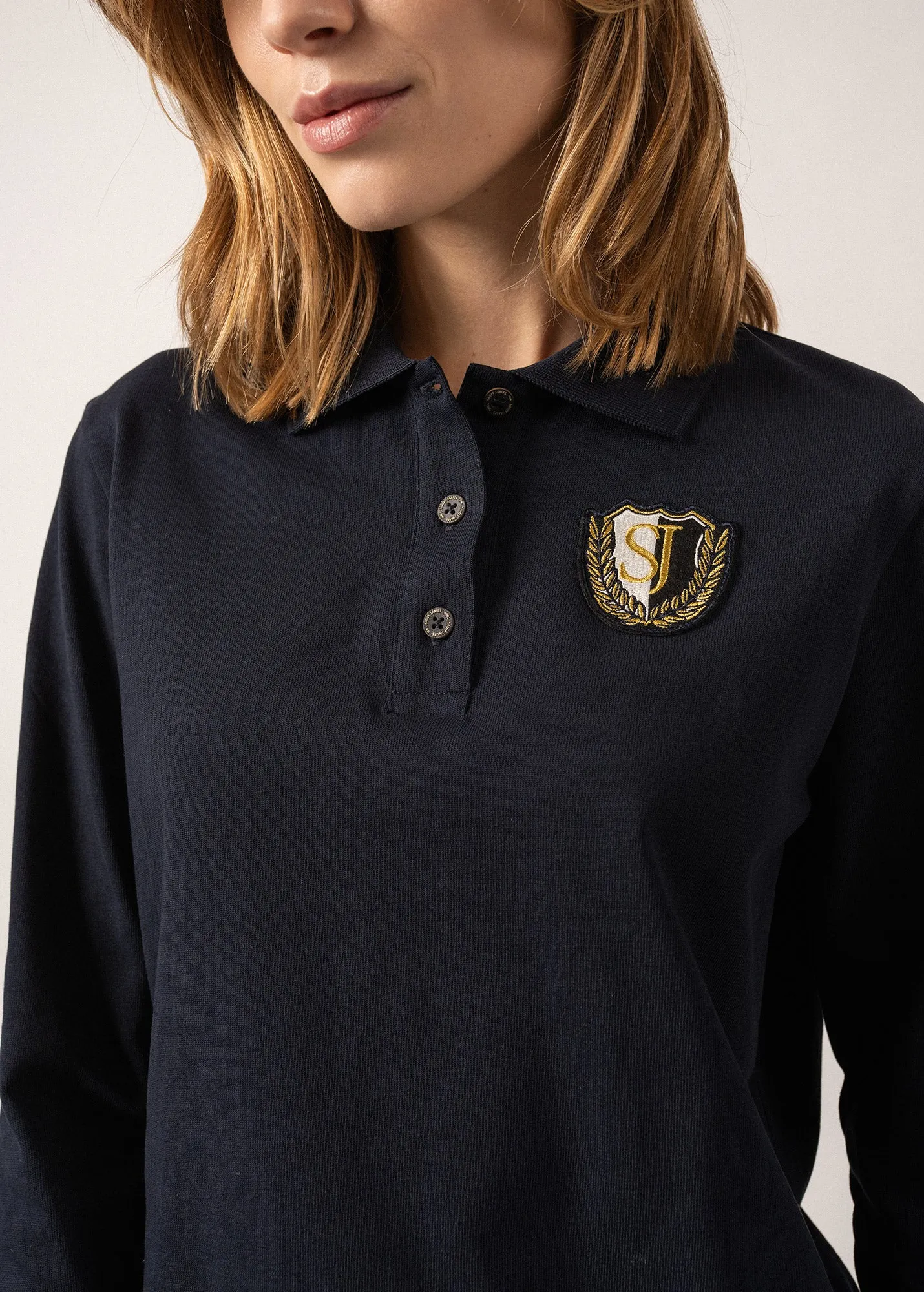 Soline Cotton Polo Shirt - long sleeves, embroidered coat of arms badge (AMIRAL)