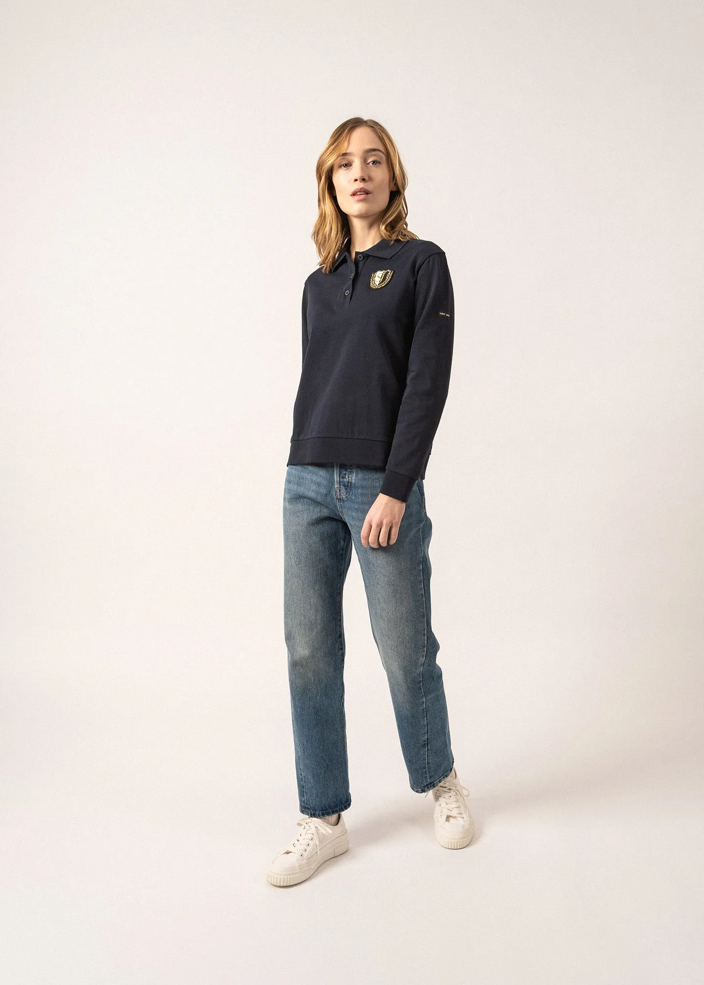 Soline Cotton Polo Shirt - long sleeves, embroidered coat of arms badge (AMIRAL)