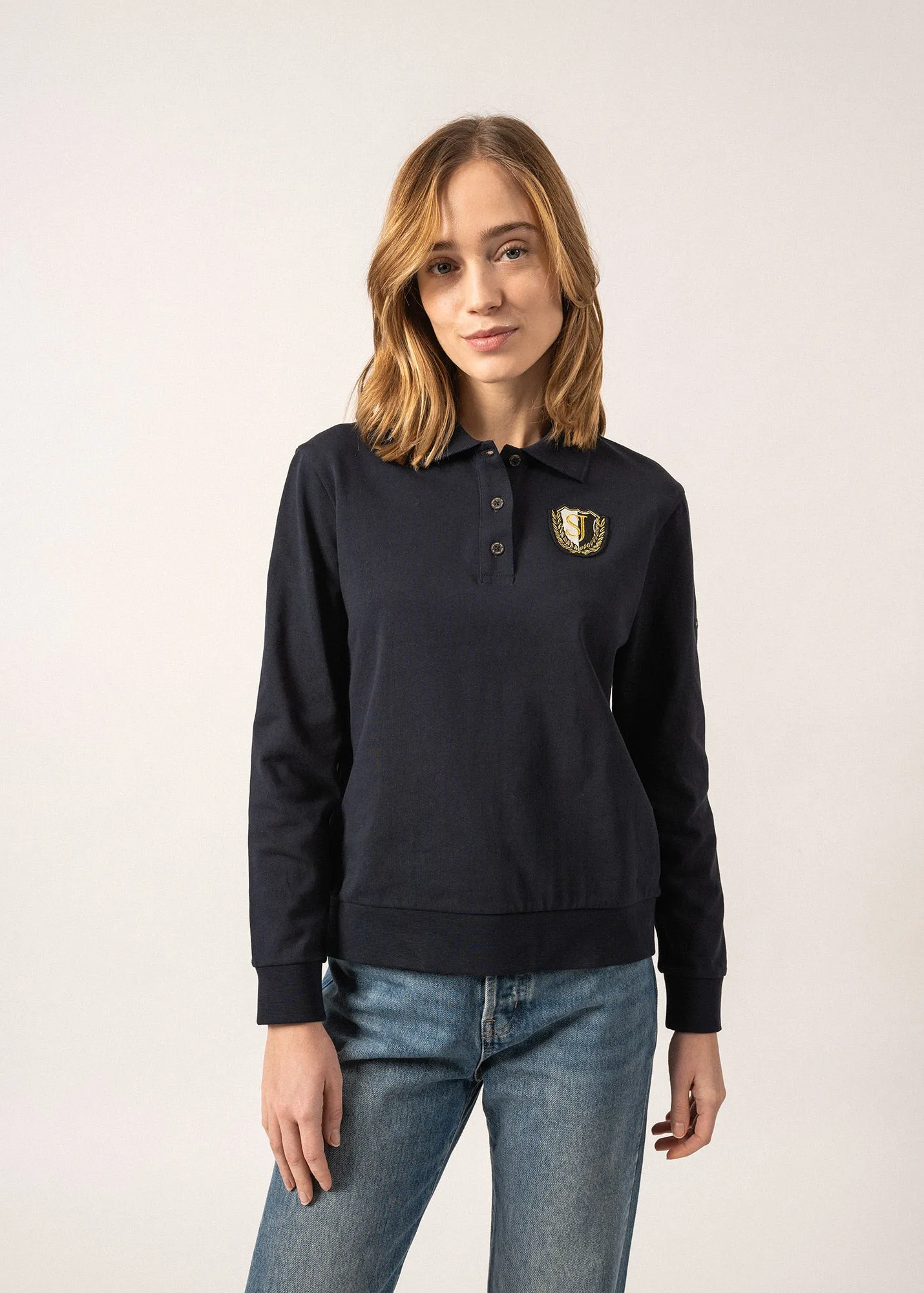 Soline Cotton Polo Shirt - long sleeves, embroidered coat of arms badge (AMIRAL)