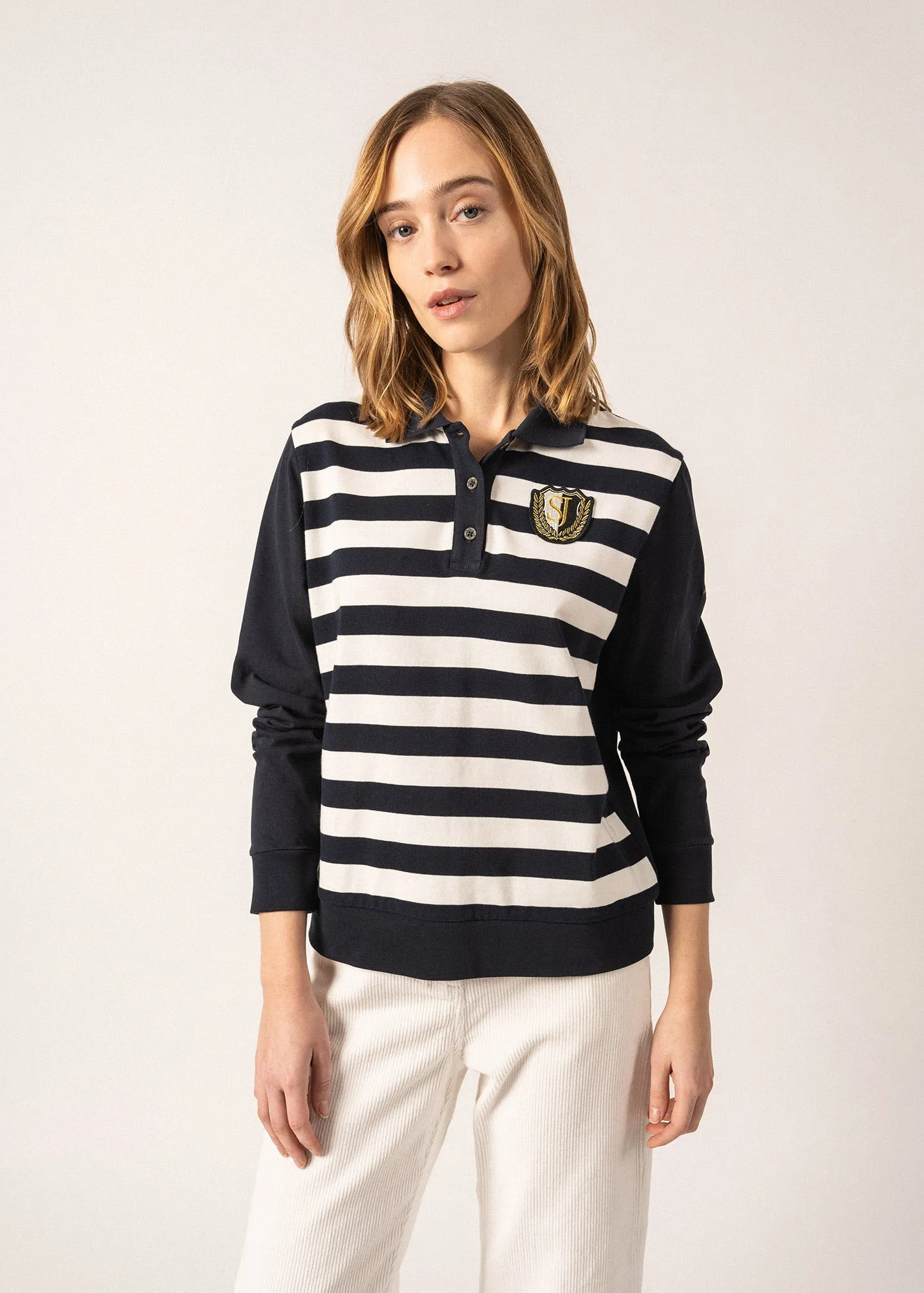 Soline Cotton Polo Shirt - long sleeves, embroidered coat of arms badge (AMIRAL/ECUME)