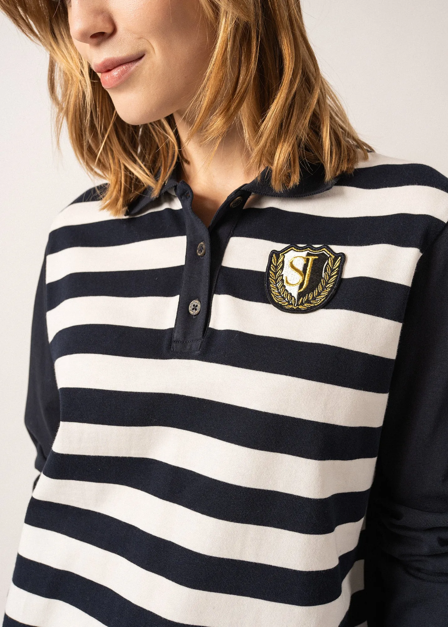 Soline Cotton Polo Shirt - long sleeves, embroidered coat of arms badge (AMIRAL/ECUME)