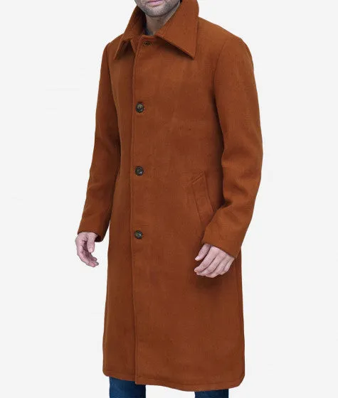 Trenton Men's Long Tan Wool Overcoat By TJS