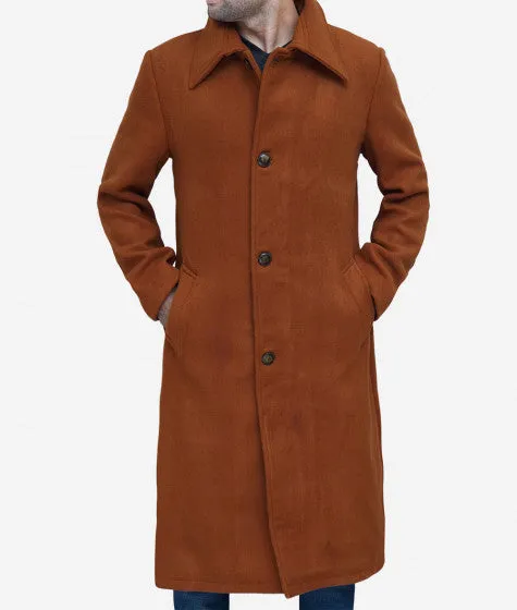 Trenton Men's Long Tan Wool Overcoat By TJS