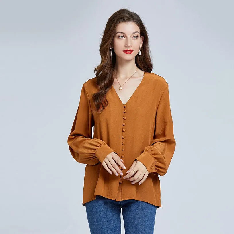 V Neck 100%  Mulberry Silk Shirts  Long Sleeve Silk Top Blouse For Women