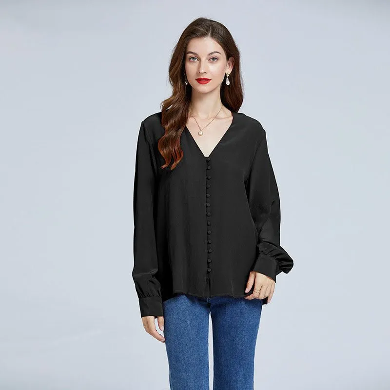 V Neck 100%  Mulberry Silk Shirts  Long Sleeve Silk Top Blouse For Women