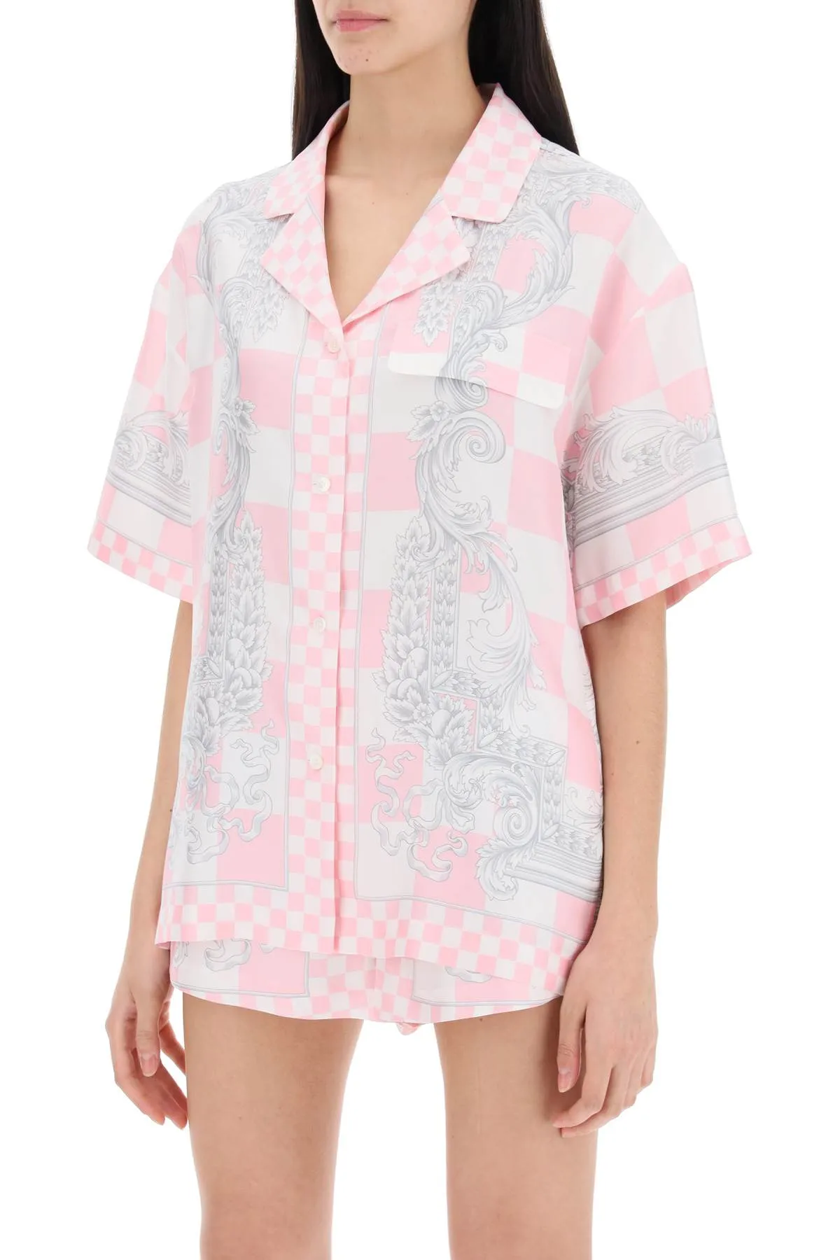 Versace Printed Silk Bowling Shirt In Eight Pink