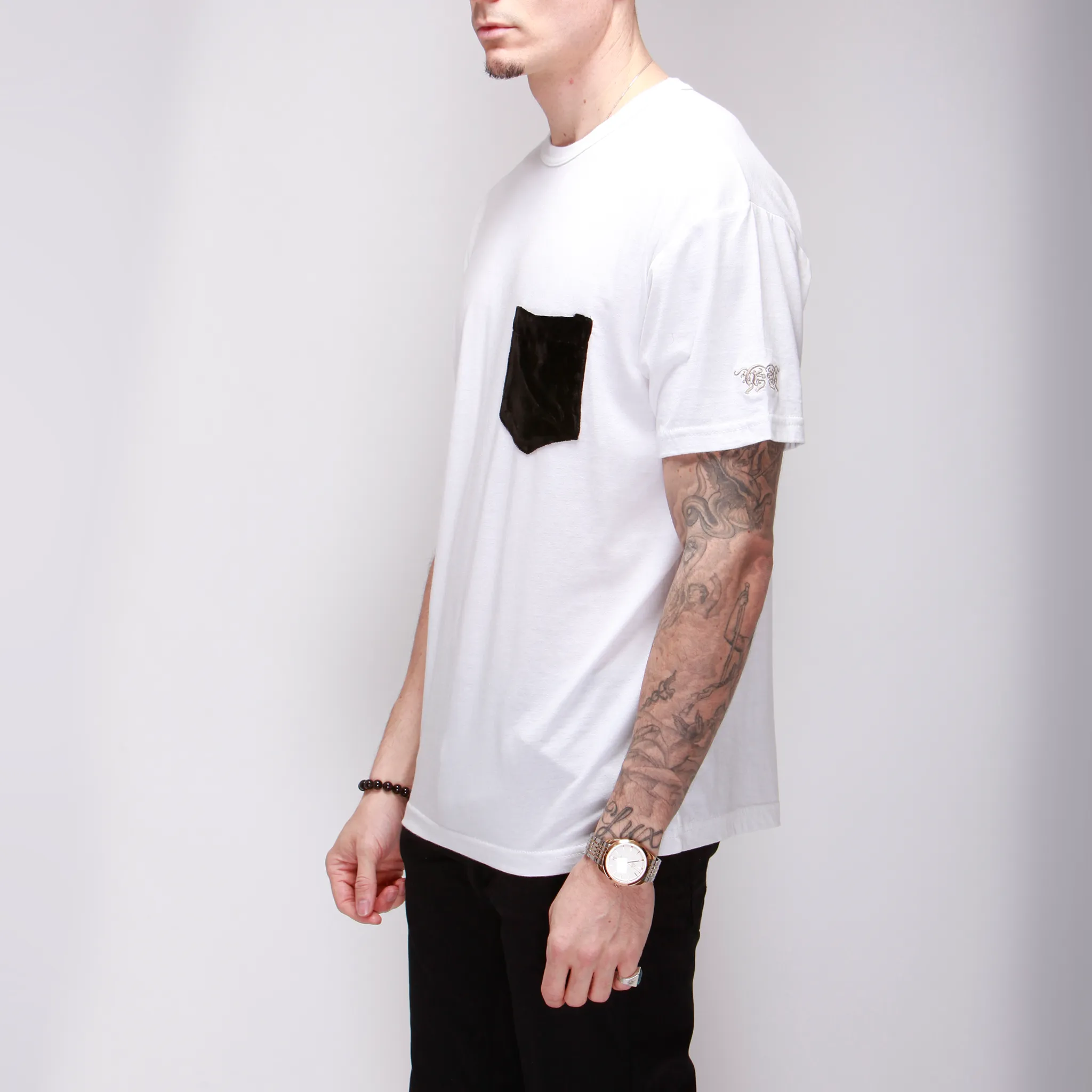 White Cotton Tee with Silk Velvet Pocket