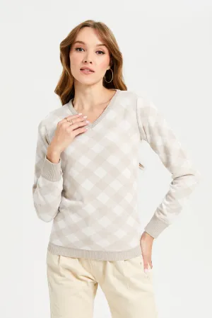 Women Beige Checkered Pullover