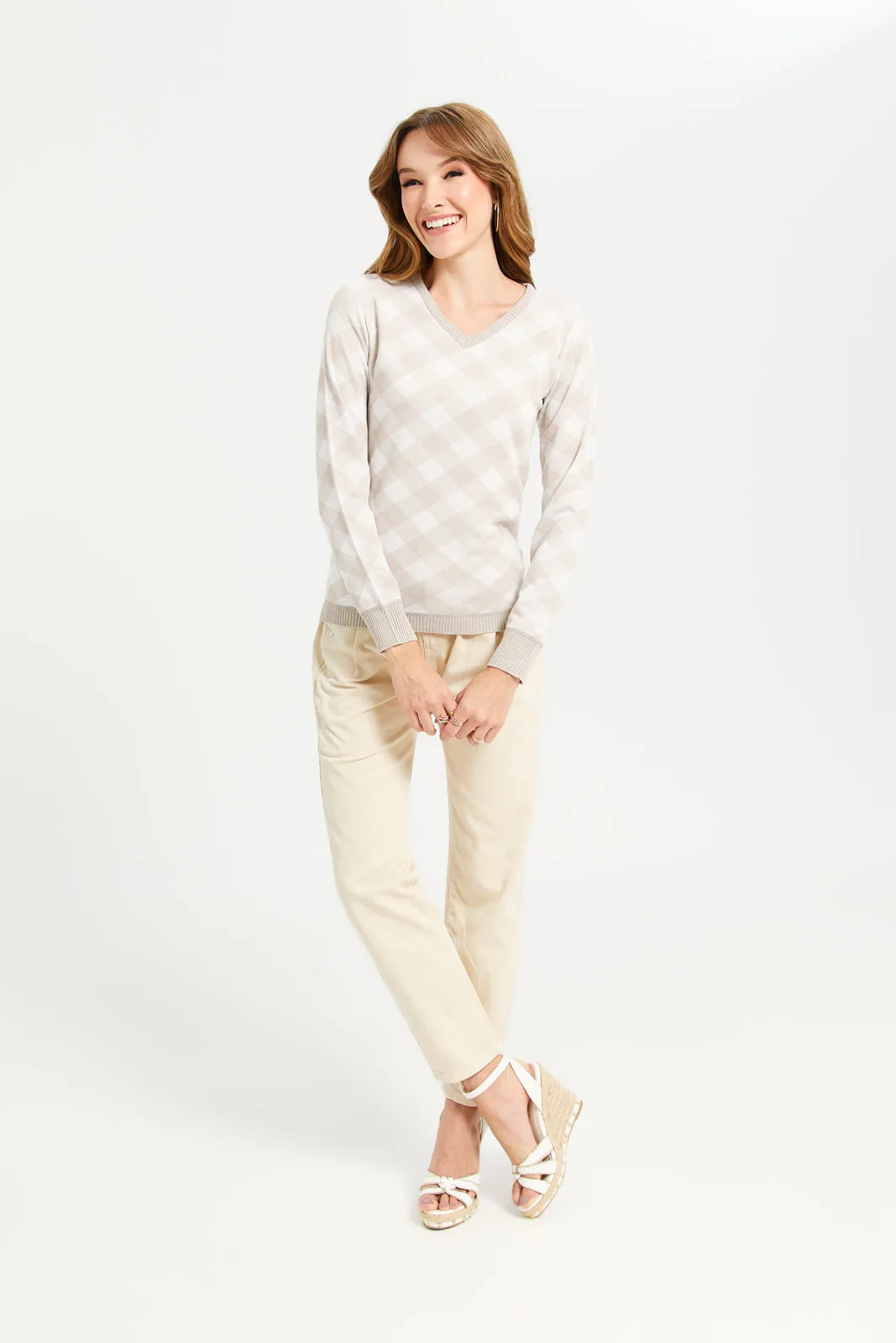 Women Beige Checkered Pullover