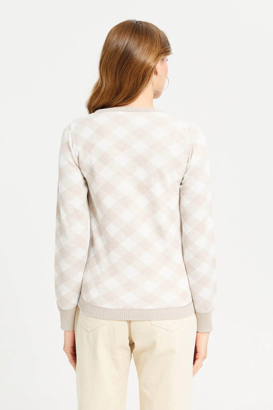 Women Beige Checkered Pullover