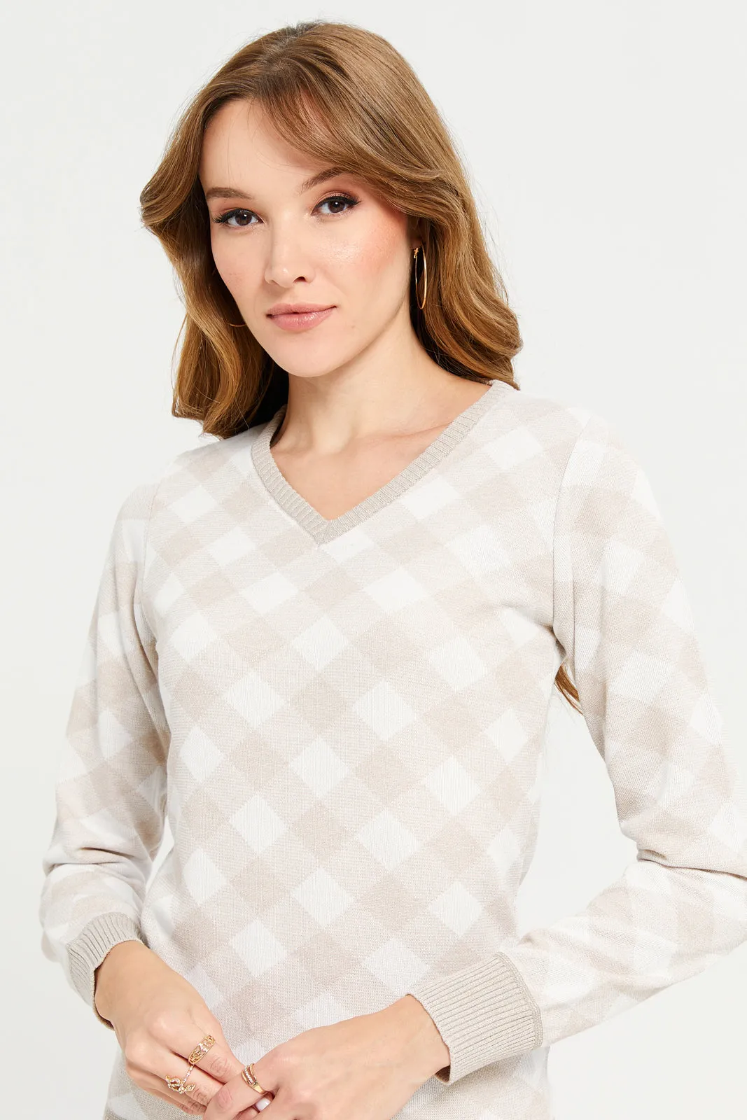 Women Beige Checkered Pullover