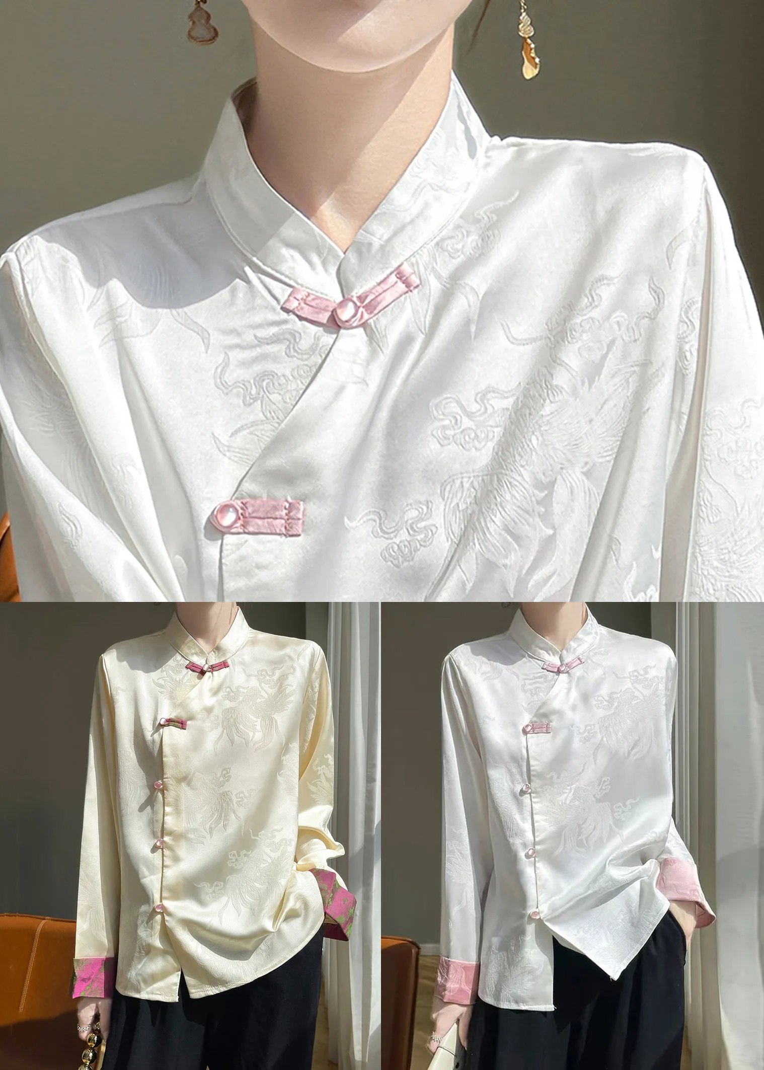 Women Champagne Stand Collar Button Silk Shirts Fall AB1038