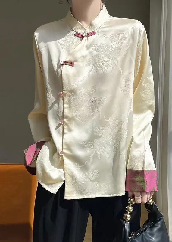 Women Champagne Stand Collar Button Silk Shirts Fall AB1038