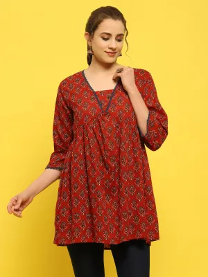 Women Cotton Maroon Floral Print Tunic