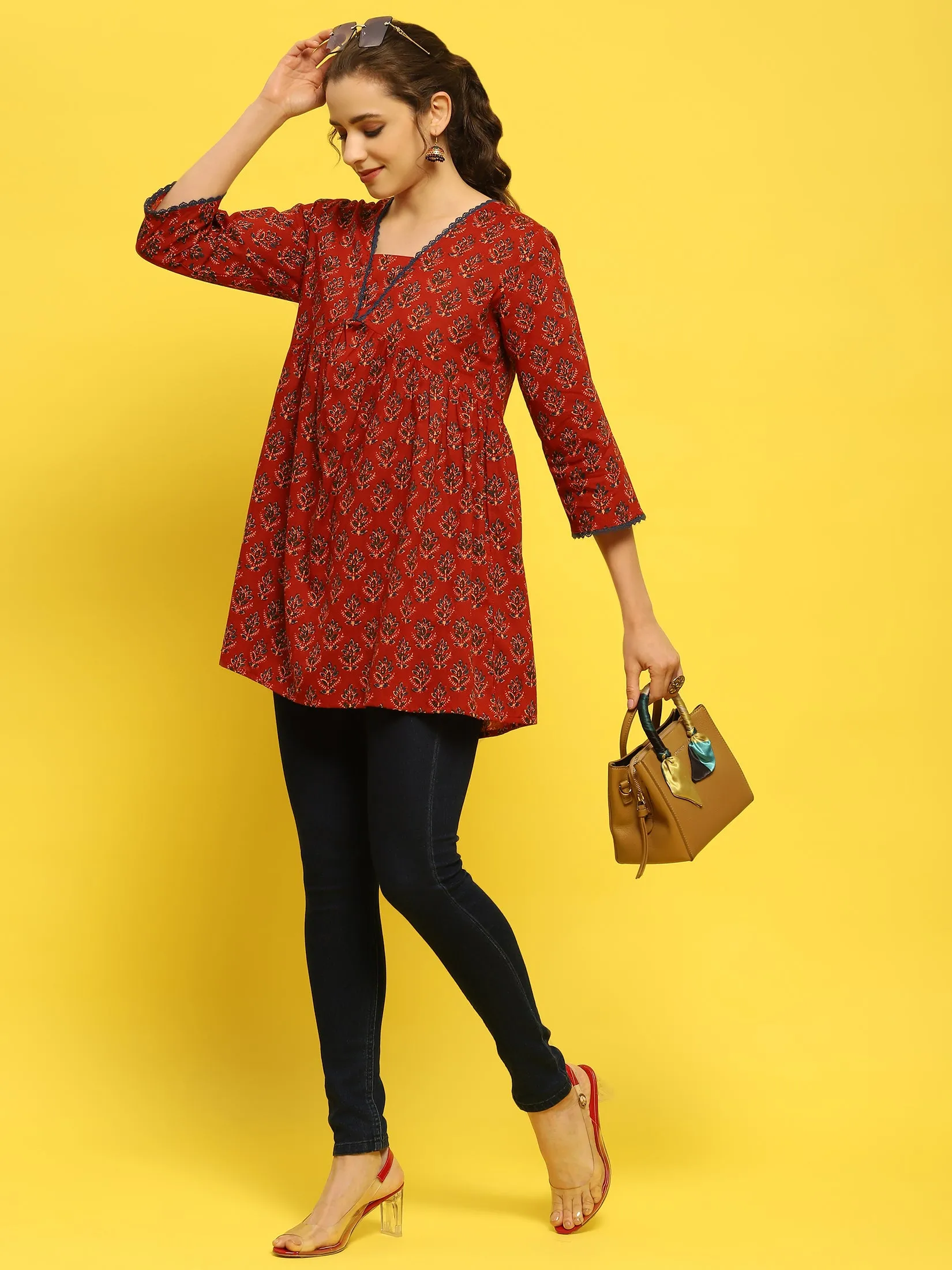 Women Cotton Maroon Floral Print Tunic