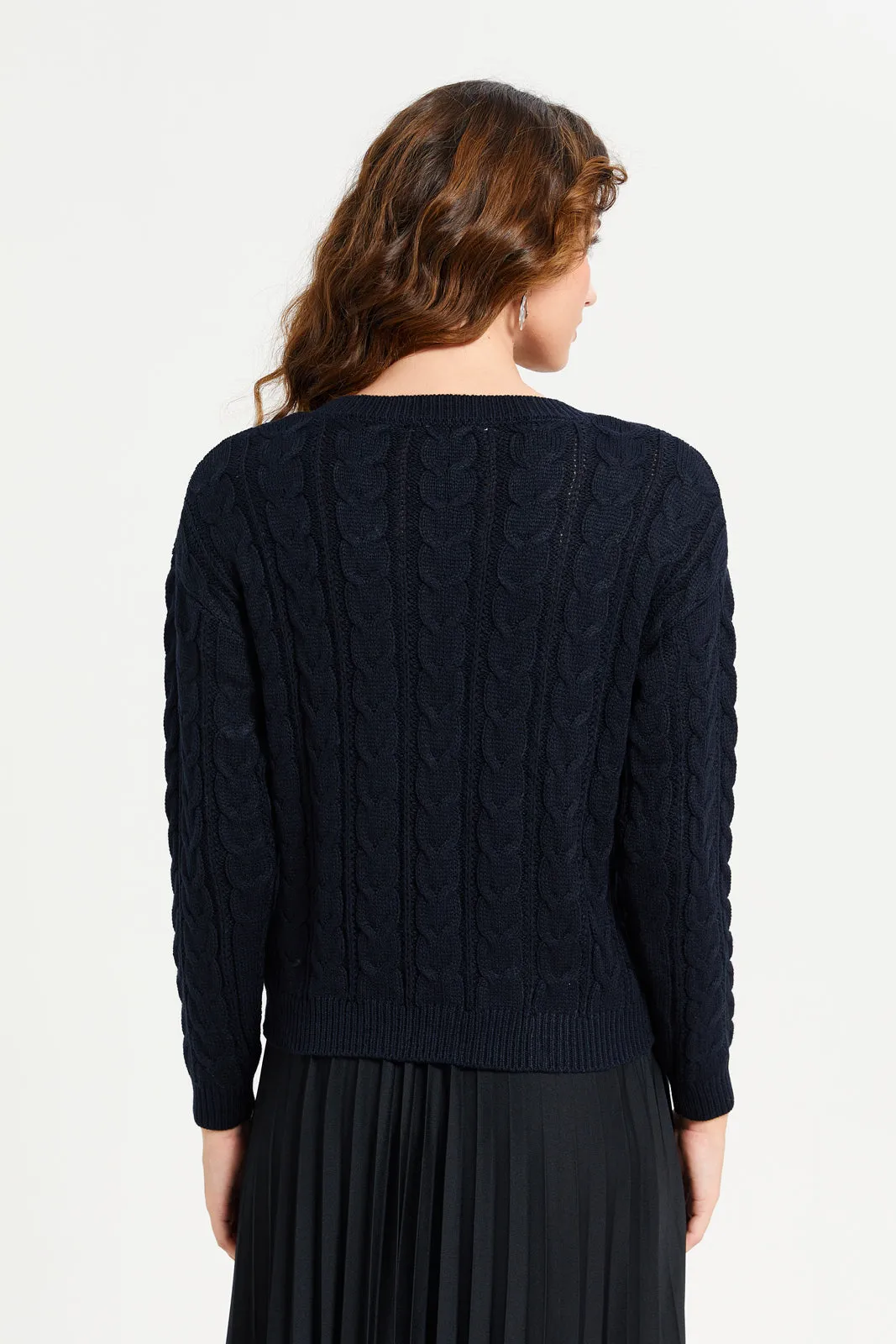 Women Navy Cable Knitted Crop Pullover