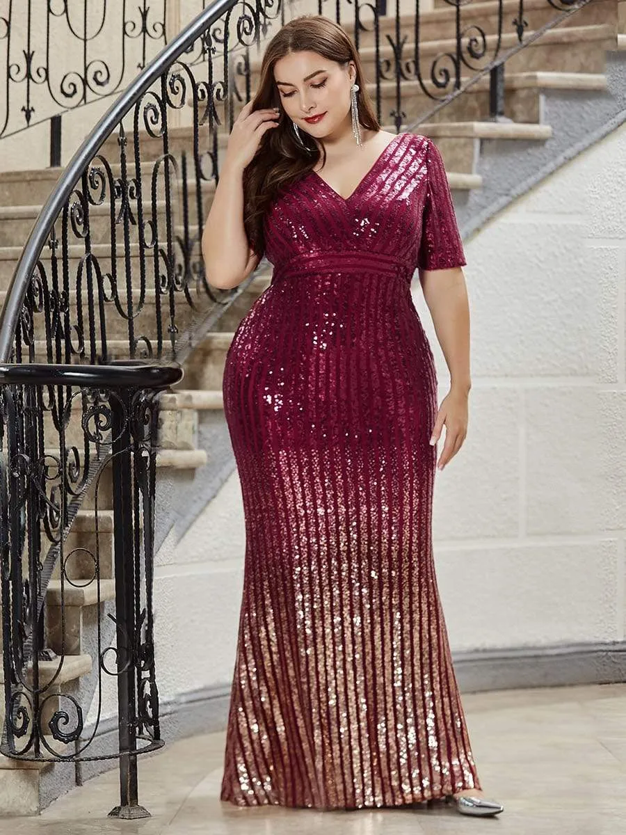 Women's Fashion V Neck Plus Size Mermaid Sequin Evening Dress