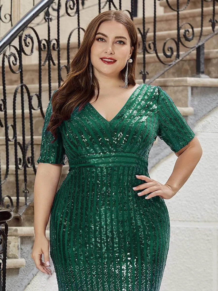 Women's Fashion V Neck Plus Size Mermaid Sequin Evening Dress