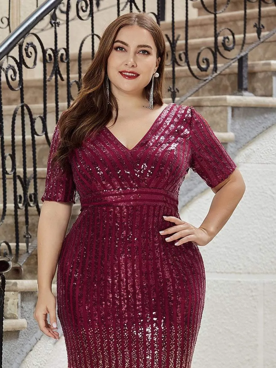 Women's Fashion V Neck Plus Size Mermaid Sequin Evening Dress