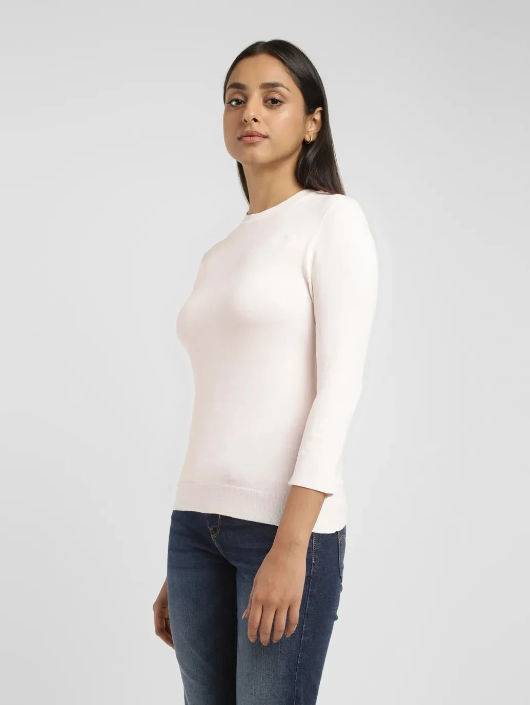 Women's Solid Cream Crew Neck Sweater