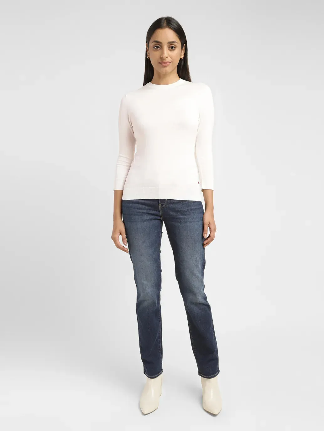 Women's Solid Cream Crew Neck Sweater