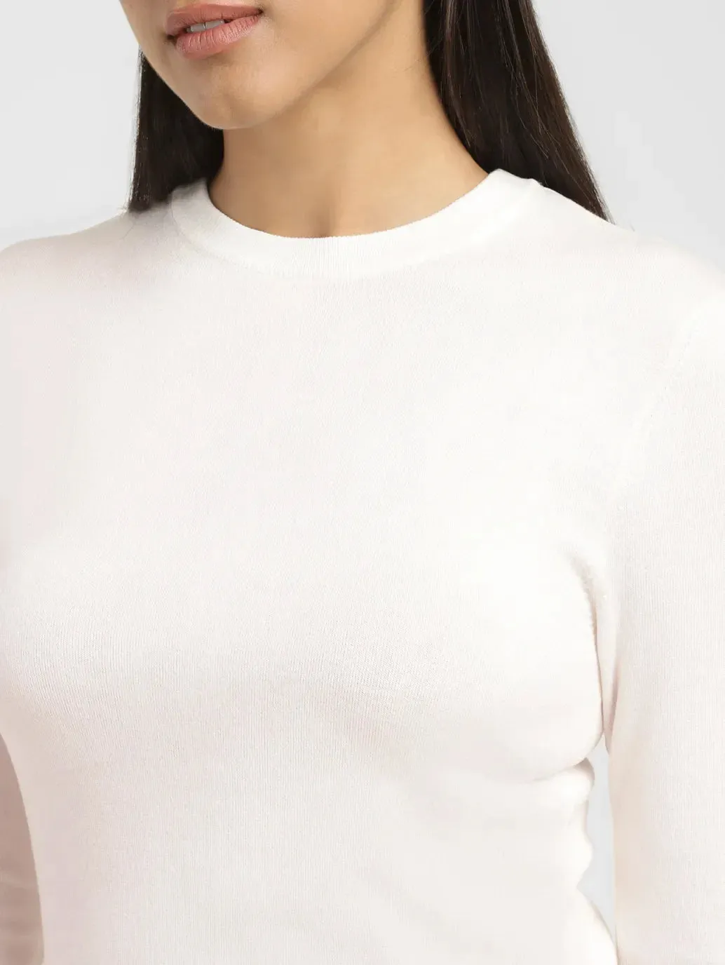 Women's Solid Cream Crew Neck Sweater