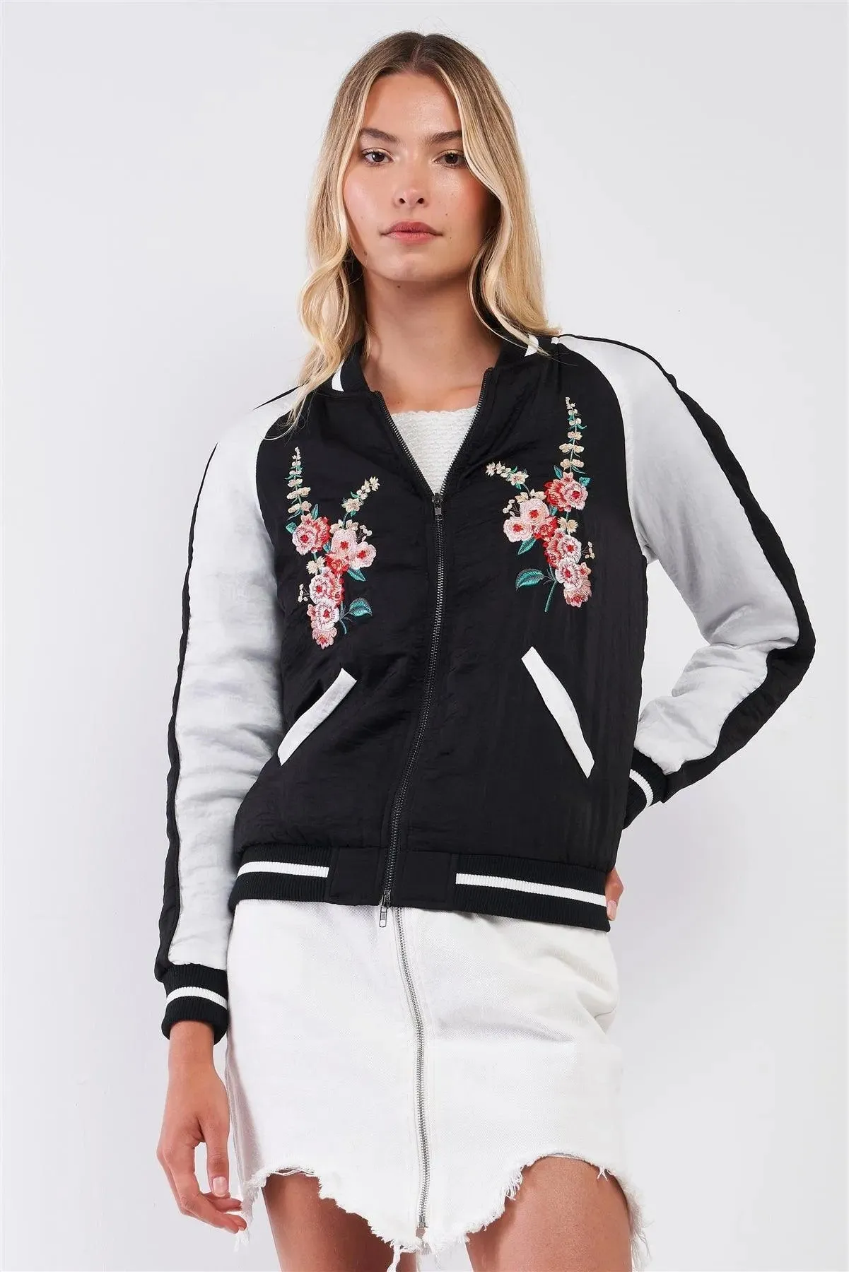 Zarina Vintage Black & White Floral Embroidery Trim Bomber Jacket /2-1-2-1